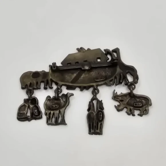 Vintage JJ Jonette pin brooch Noah's Ark 1980s dangle charms wild animal camel - Picture 5 of 7